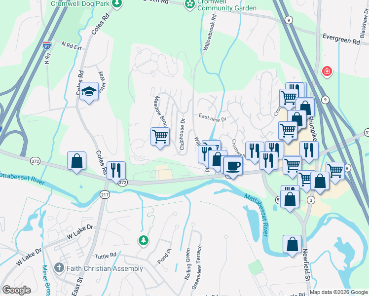 map of restaurants, bars, coffee shops, grocery stores, and more near 10 Clubhouse Drive in Cromwell