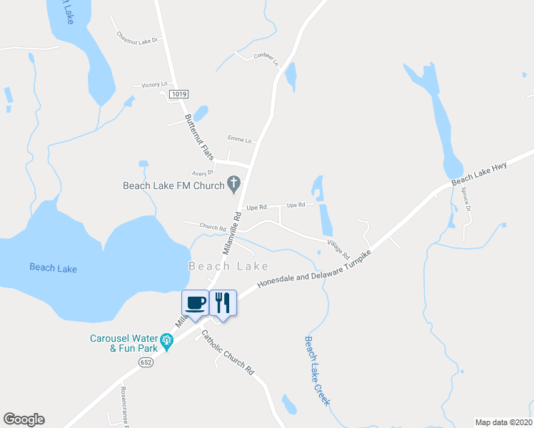 map of restaurants, bars, coffee shops, grocery stores, and more near 23 Village Road in Beach Lake