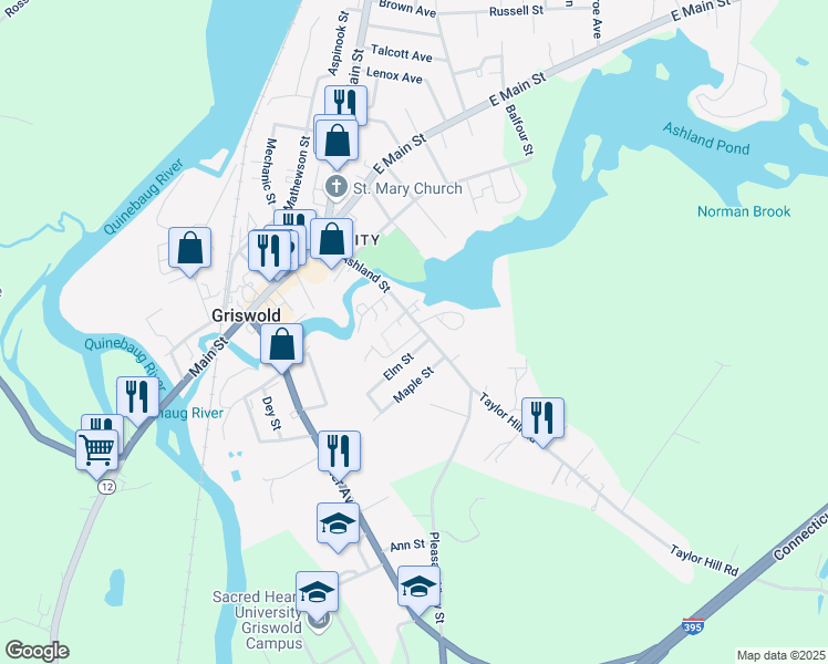 map of restaurants, bars, coffee shops, grocery stores, and more near 109 Ashland Street in Griswold
