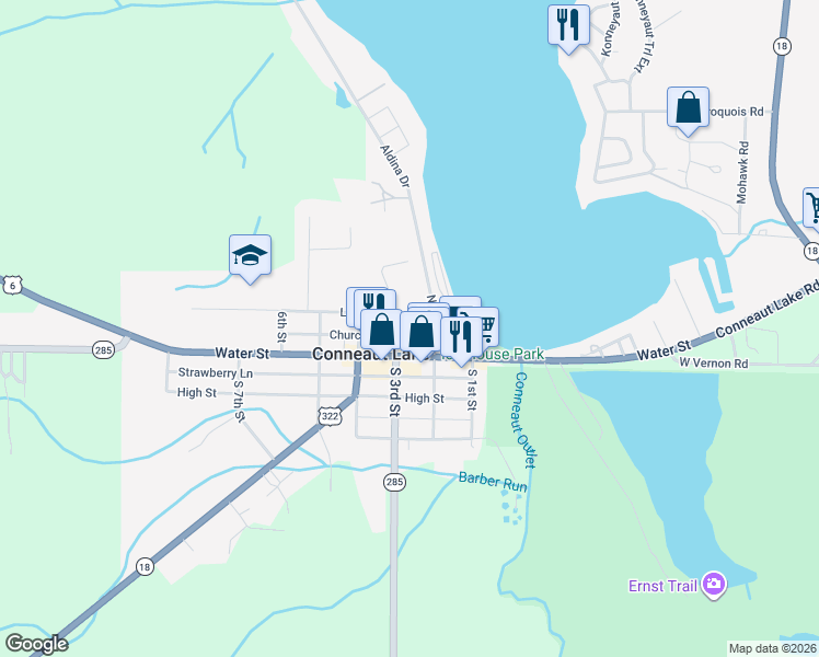 map of restaurants, bars, coffee shops, grocery stores, and more near 24262 Church Lane in Conneaut Lake