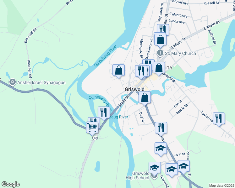 map of restaurants, bars, coffee shops, grocery stores, and more near 57 South Main Street in Griswold