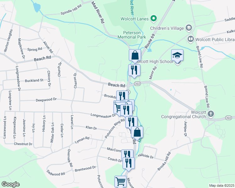 map of restaurants, bars, coffee shops, grocery stores, and more near 61 Brookdale Street in Wolcott