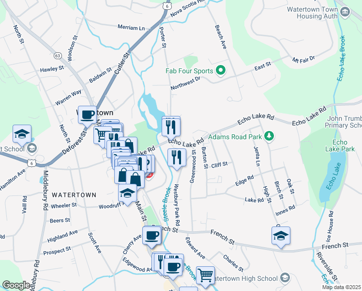 map of restaurants, bars, coffee shops, grocery stores, and more near 194 Echo Lake Road in Watertown
