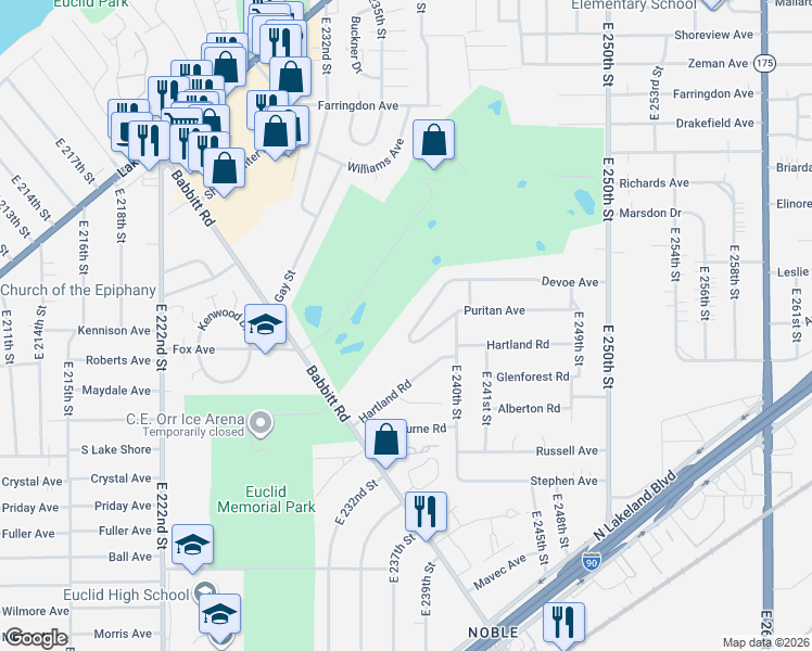 map of restaurants, bars, coffee shops, grocery stores, and more near 23771 Devoe Avenue in Euclid