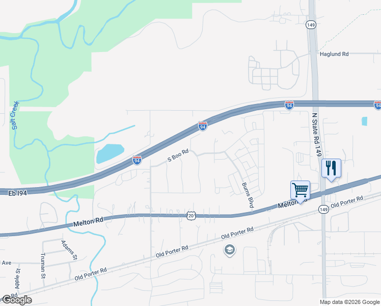 map of restaurants, bars, coffee shops, grocery stores, and more near 362 South Boo Road in Chesterton