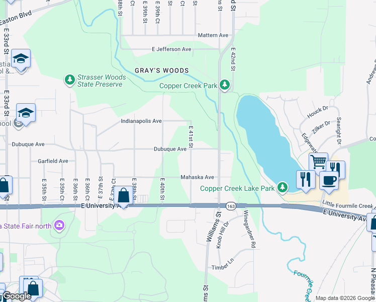 map of restaurants, bars, coffee shops, grocery stores, and more near 1343 East 41st Street in Des Moines