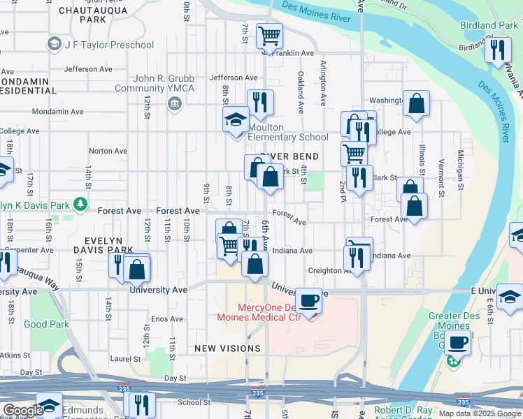 map of restaurants, bars, coffee shops, grocery stores, and more near 513 Forest Avenue in Des Moines