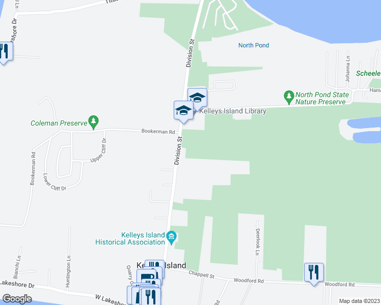 map of restaurants, bars, coffee shops, grocery stores, and more near in Kelleys Island