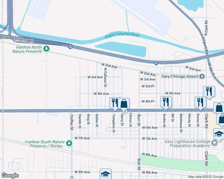 map of restaurants, bars, coffee shops, grocery stores, and more near 364 Tompkins Street in Gary
