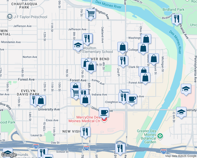 map of restaurants, bars, coffee shops, grocery stores, and more near 1409 5th Avenue in Des Moines