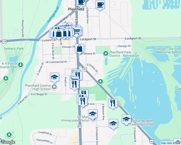 map of restaurants, bars, coffee shops, grocery stores, and more near 15325 Joliet Road in Plainfield