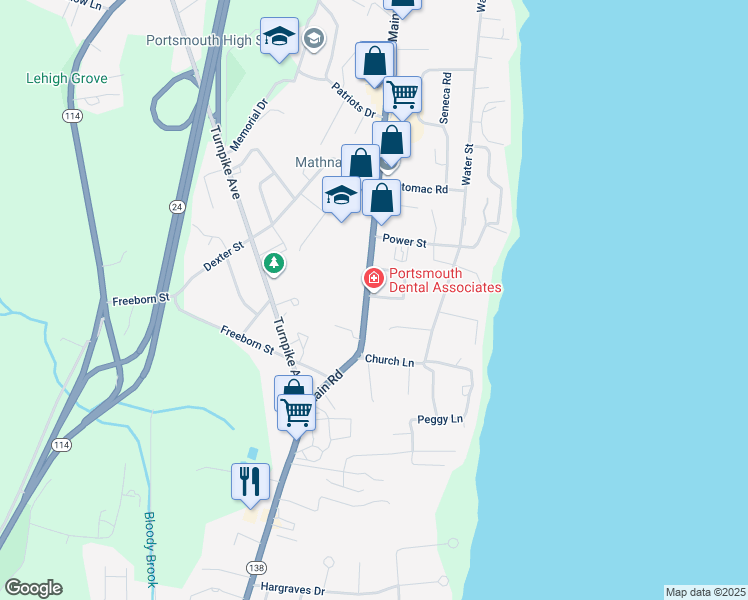 map of restaurants, bars, coffee shops, grocery stores, and more near 2755 East Main Road in Portsmouth
