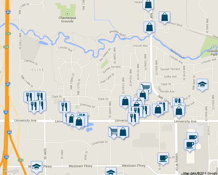 map of restaurants, bars, coffee shops, grocery stores, and more near 10465 Ricardo Rd in Clive
