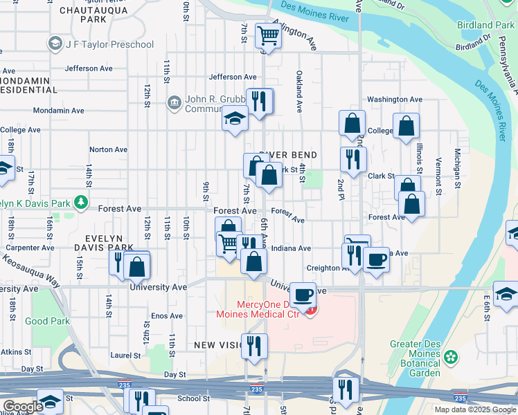 map of restaurants, bars, coffee shops, grocery stores, and more near 513 Forest Avenue in Des Moines