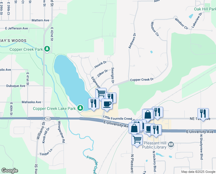 map of restaurants, bars, coffee shops, grocery stores, and more near 1420 Copper Creek Drive in Pleasant Hill