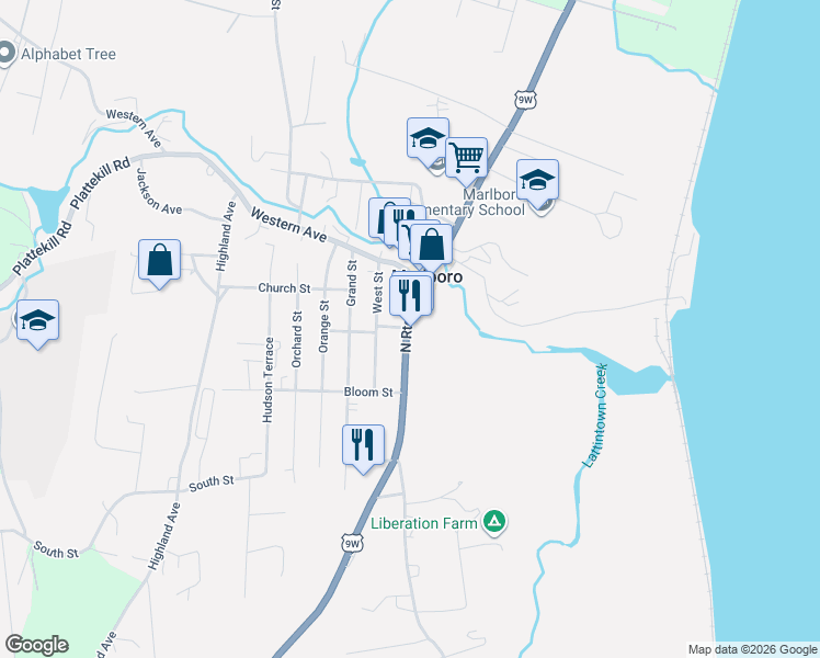 map of restaurants, bars, coffee shops, grocery stores, and more near 1302 Route 9W in Marlboro