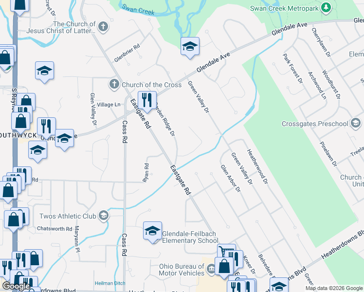 map of restaurants, bars, coffee shops, grocery stores, and more near 1958 Garden Ridge Drive in Toledo