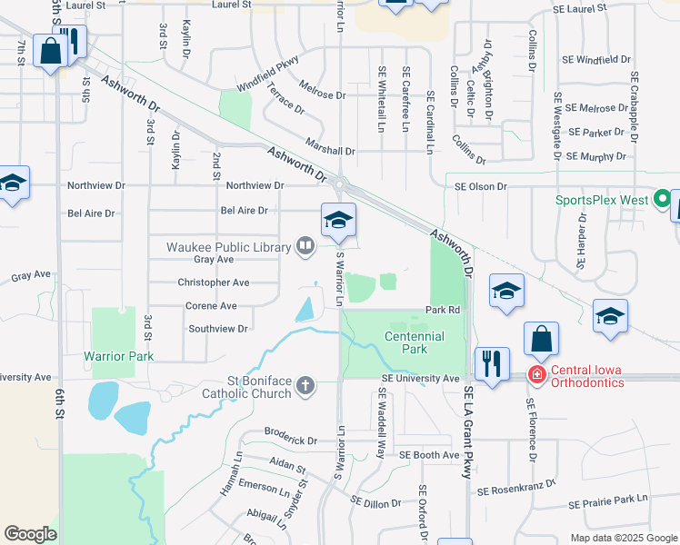 map of restaurants, bars, coffee shops, grocery stores, and more near Warrior Lane in Waukee