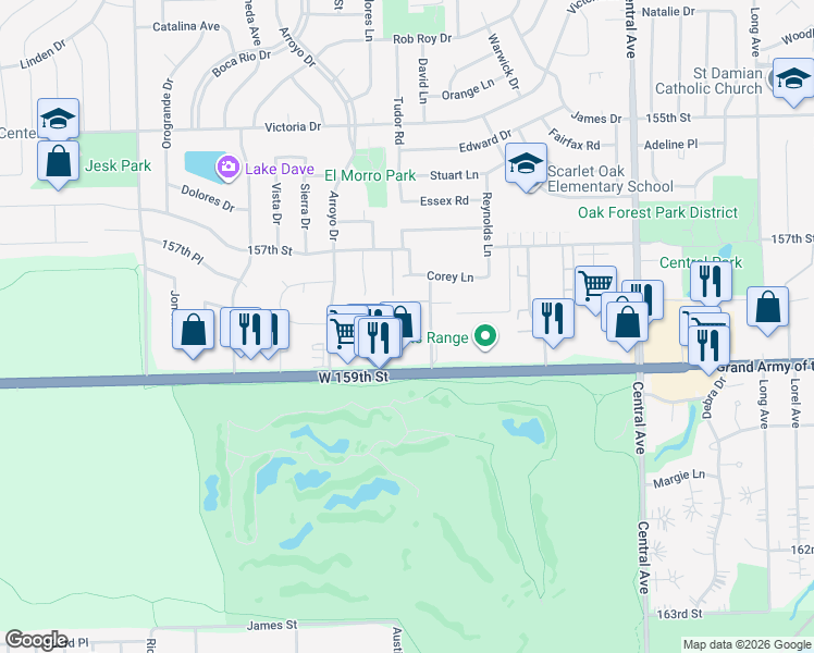 map of restaurants, bars, coffee shops, grocery stores, and more near 15828 Terrace Drive in Oak Forest
