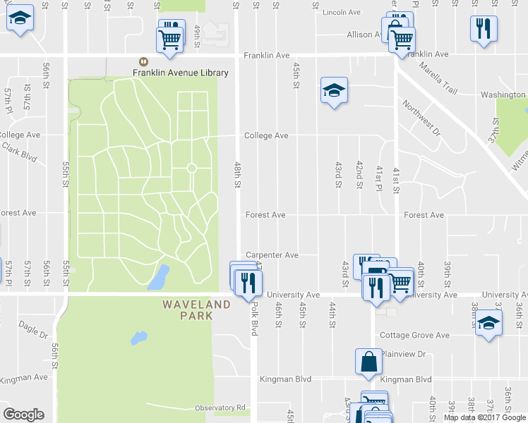 map of restaurants, bars, coffee shops, grocery stores, and more near 1401 47th Street in Des Moines