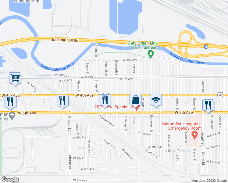 map of restaurants, bars, coffee shops, grocery stores, and more near 366 Ellsworth Street in Gary