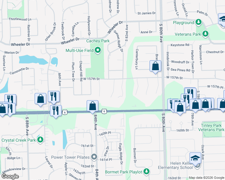map of restaurants, bars, coffee shops, grocery stores, and more near 15713 Old Orchard Court in Orland Park