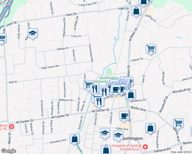 map of restaurants, bars, coffee shops, grocery stores, and more near 182 Water Street in Southington