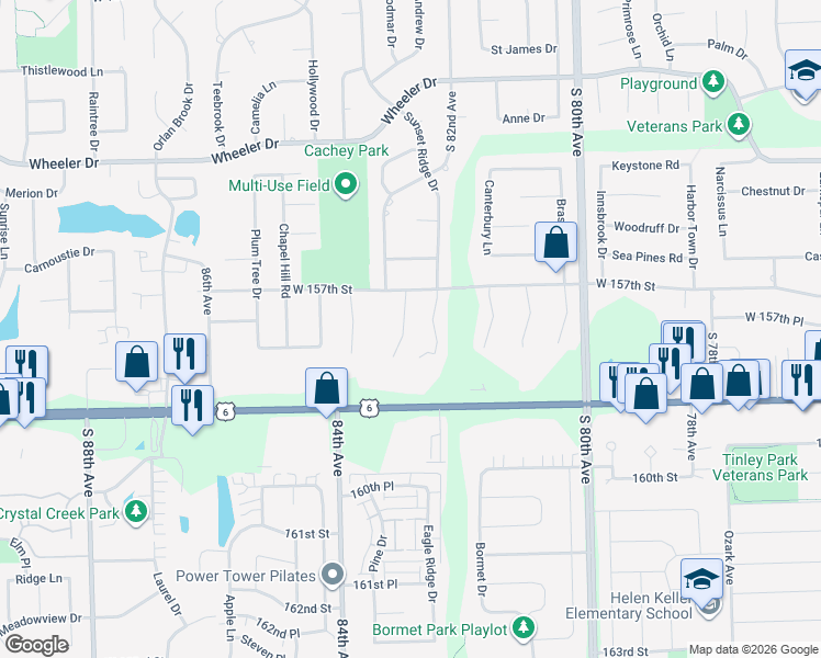 map of restaurants, bars, coffee shops, grocery stores, and more near 15713 Old Orchard Court in Orland Park