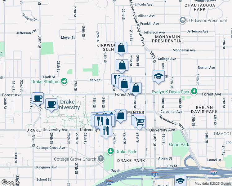 map of restaurants, bars, coffee shops, grocery stores, and more near 2253 Forest Avenue in Des Moines