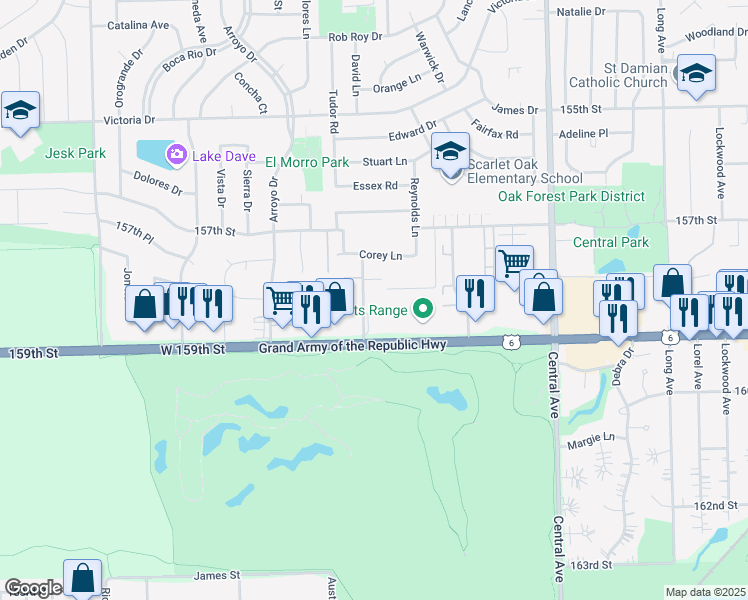 map of restaurants, bars, coffee shops, grocery stores, and more near 15841 Terrace Drive in Oak Forest