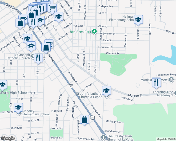 map of restaurants, bars, coffee shops, grocery stores, and more near 710 John Street in La Porte