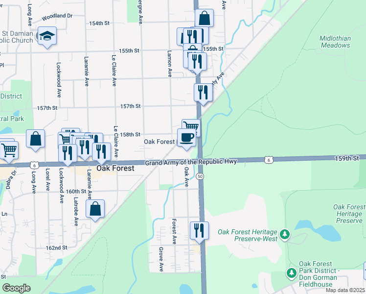 map of restaurants, bars, coffee shops, grocery stores, and more near 4850 West 159th Street in Oak Forest