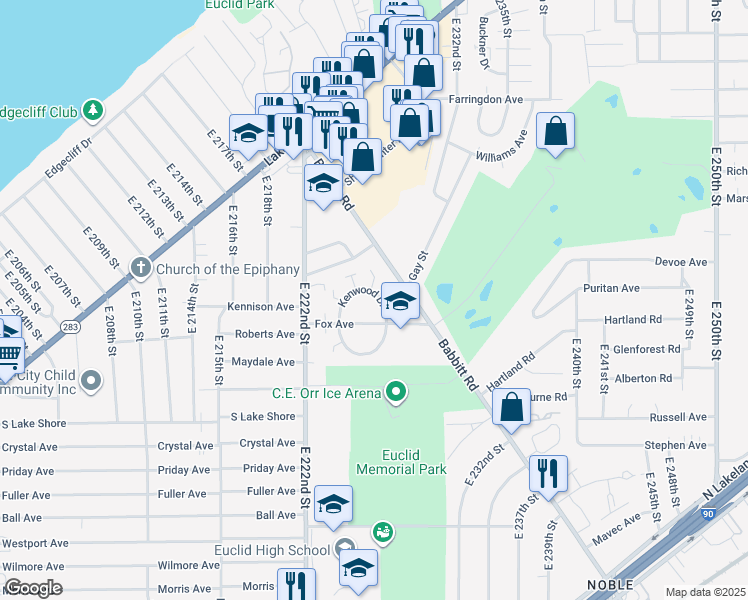 map of restaurants, bars, coffee shops, grocery stores, and more near 490 Kenwood Drive in Euclid