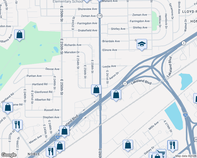 map of restaurants, bars, coffee shops, grocery stores, and more near 865 East 260th Street in Euclid