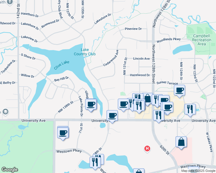 map of restaurants, bars, coffee shops, grocery stores, and more near 13281 Sunset Circle in Clive