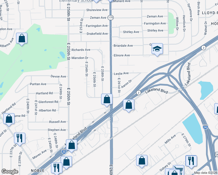 map of restaurants, bars, coffee shops, grocery stores, and more near 865 East 260th Street in Euclid