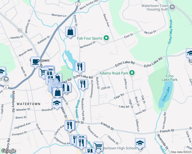 map of restaurants, bars, coffee shops, grocery stores, and more near 27 Burton Street in Watertown