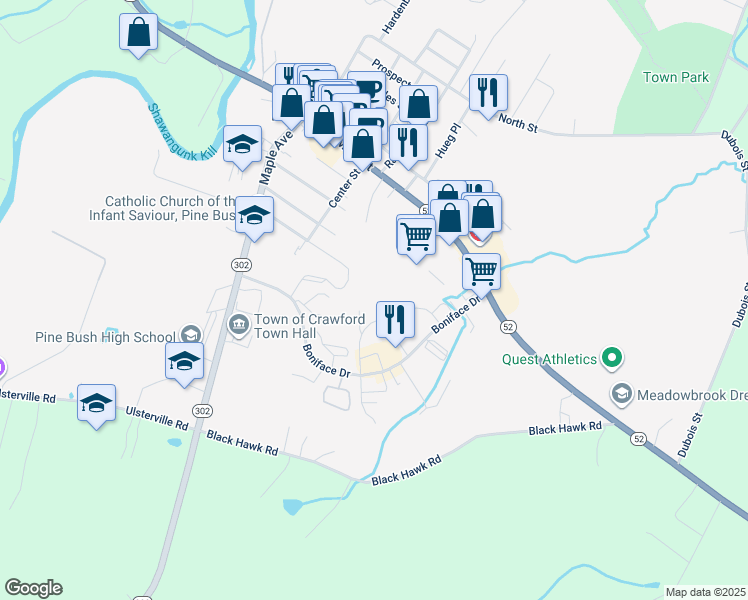 map of restaurants, bars, coffee shops, grocery stores, and more near 104 Ted Drive in Pine Bush