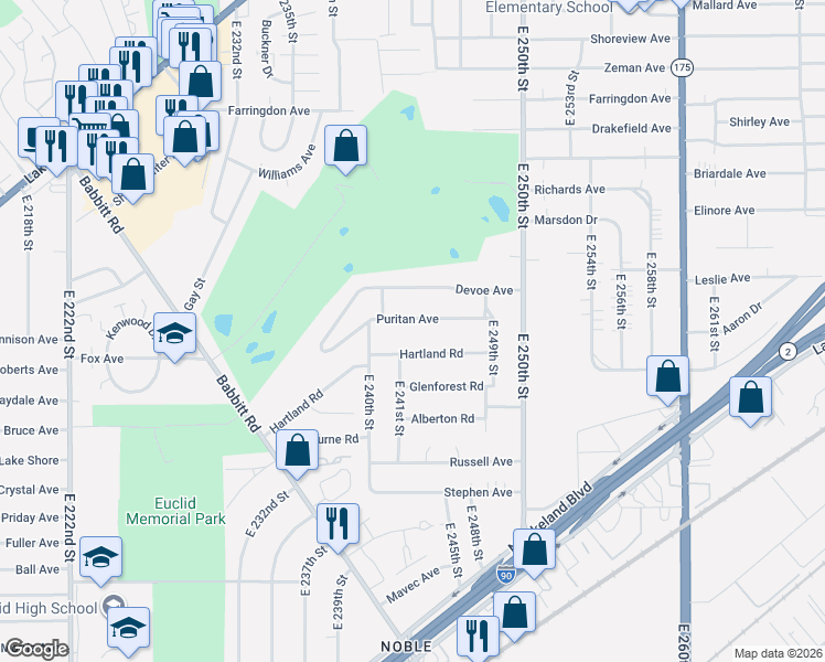 map of restaurants, bars, coffee shops, grocery stores, and more near 24301 Hartland Road in Euclid