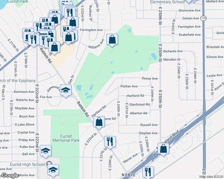 map of restaurants, bars, coffee shops, grocery stores, and more near 23880 Puritan Avenue in Euclid