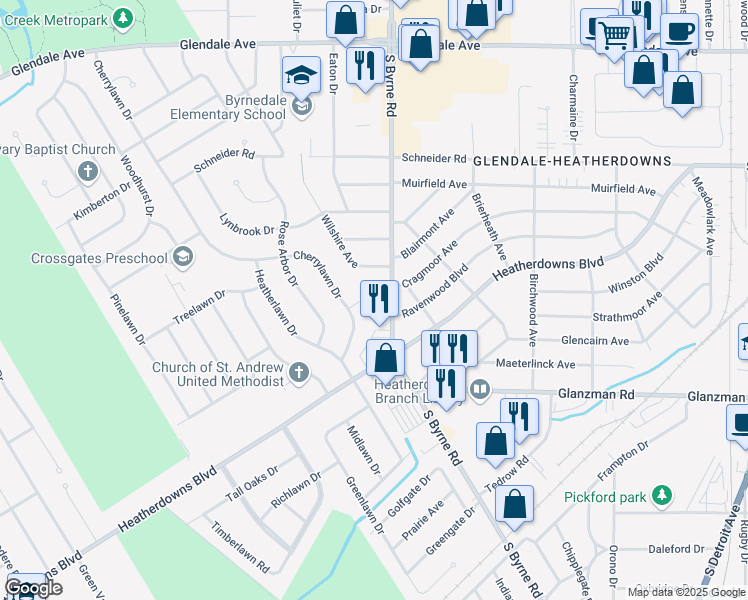 map of restaurants, bars, coffee shops, grocery stores, and more near 1924 South Byrne Road in Toledo