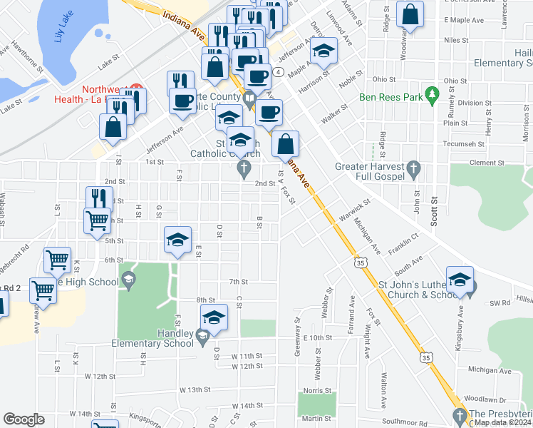 map of restaurants, bars, coffee shops, grocery stores, and more near 316 A Street in La Porte