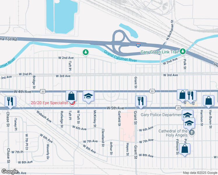 map of restaurants, bars, coffee shops, grocery stores, and more near 369 Cleveland Street in Gary