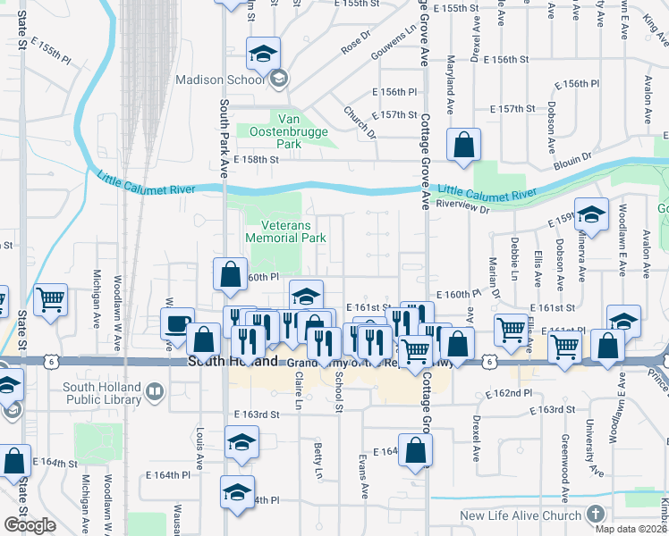 map of restaurants, bars, coffee shops, grocery stores, and more near 16015 School Street in South Holland