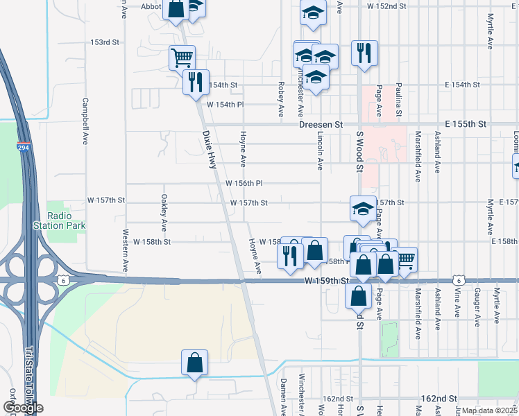 map of restaurants, bars, coffee shops, grocery stores, and more near 196 West 157th Street in Harvey