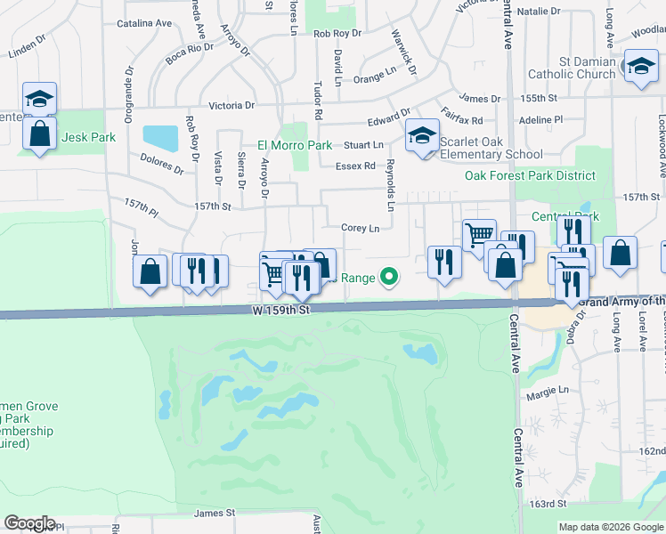 map of restaurants, bars, coffee shops, grocery stores, and more near 15828 Terrace Drive in Oak Forest