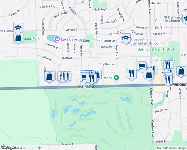 map of restaurants, bars, coffee shops, grocery stores, and more near 6009 158th Street in Oak Forest