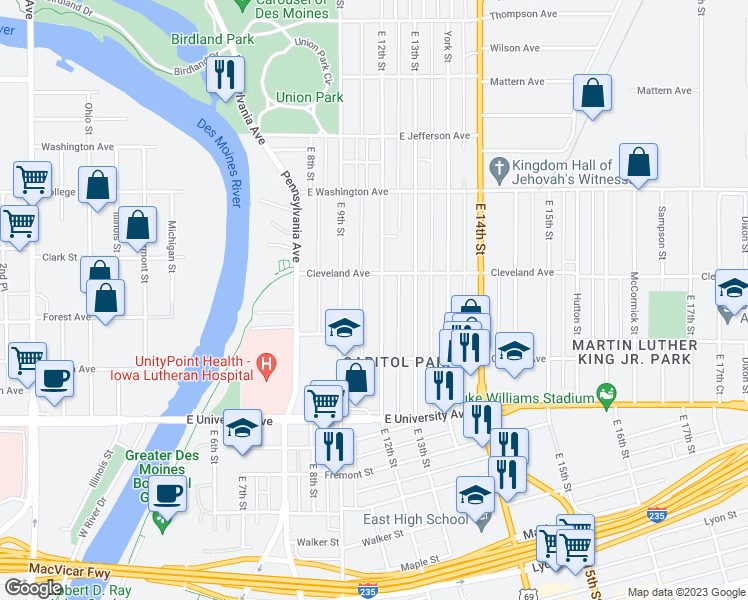 map of restaurants, bars, coffee shops, grocery stores, and more near 1349 East 12th Street in Des Moines