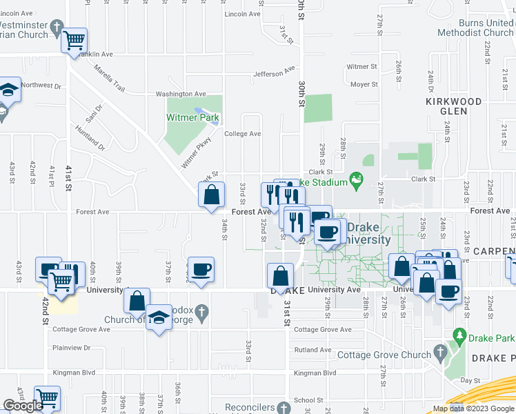 map of restaurants, bars, coffee shops, grocery stores, and more near 3211 Forest Avenue in Des Moines