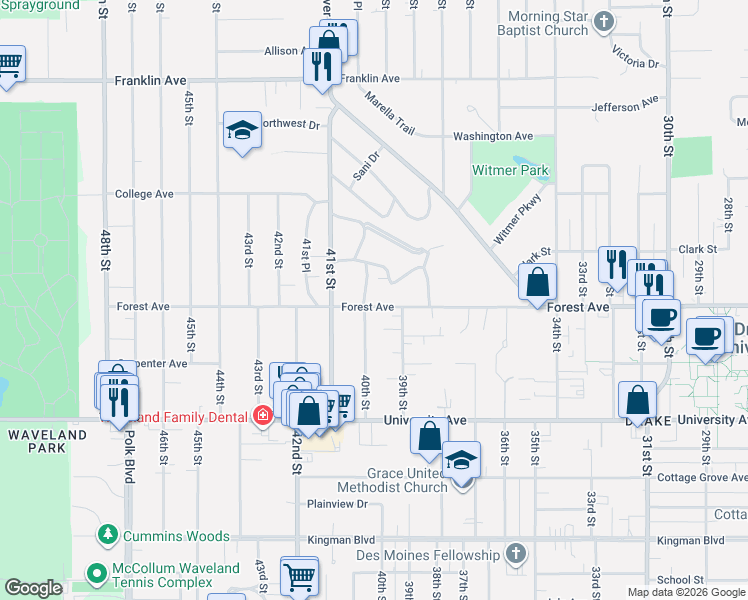 map of restaurants, bars, coffee shops, grocery stores, and more near 1348 39th Street in Des Moines